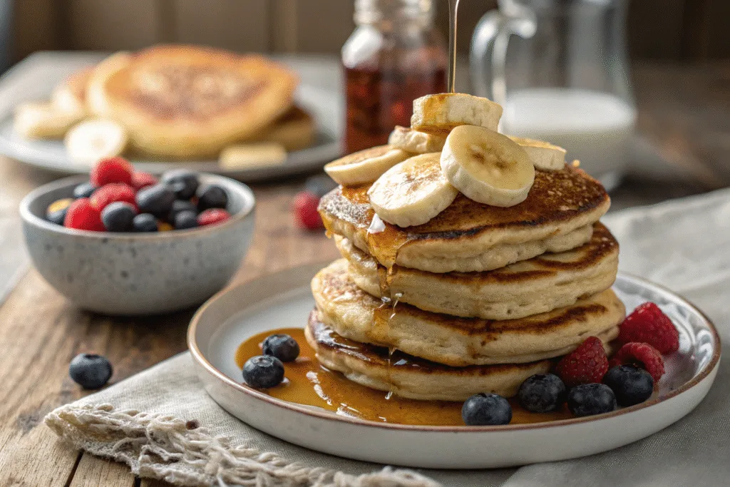 banana cottage cheese pancakes on breakfast table