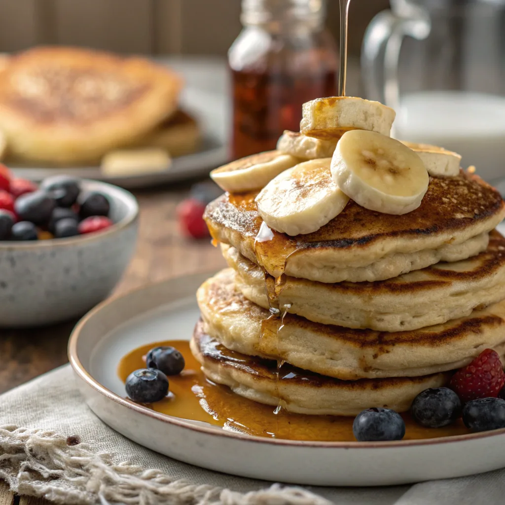 Stack of banana cottage cheese pancakes with syrup and banana slices