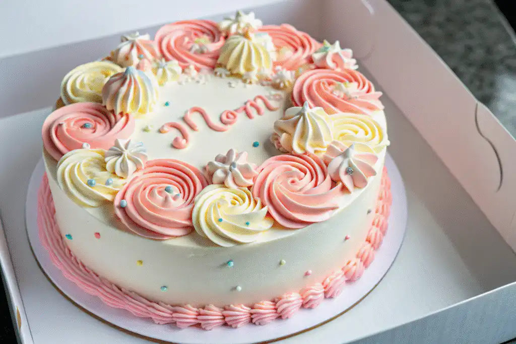 Bento cake with buttercream swirls in white box