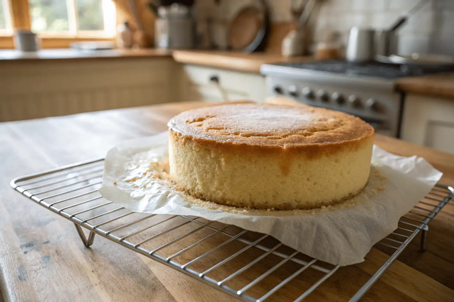 Cooling vanilla sponge cake on wire rack