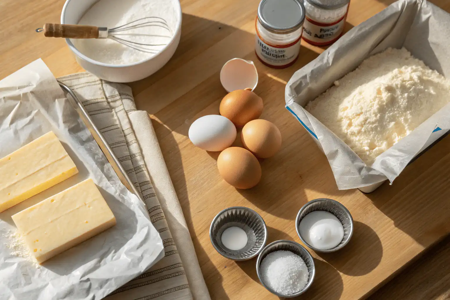 Bento cake ingredients flat-lay on kitchen counter