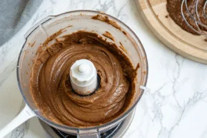 Chocolate mousse mixture blended in food processor