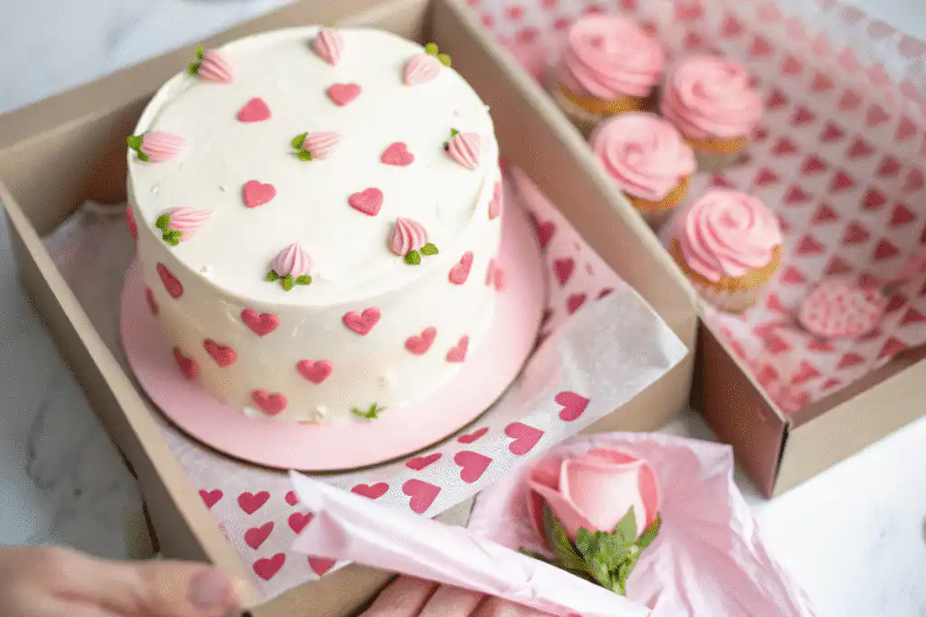 Decorated mini bento cake in gift box with cupcakes and rose