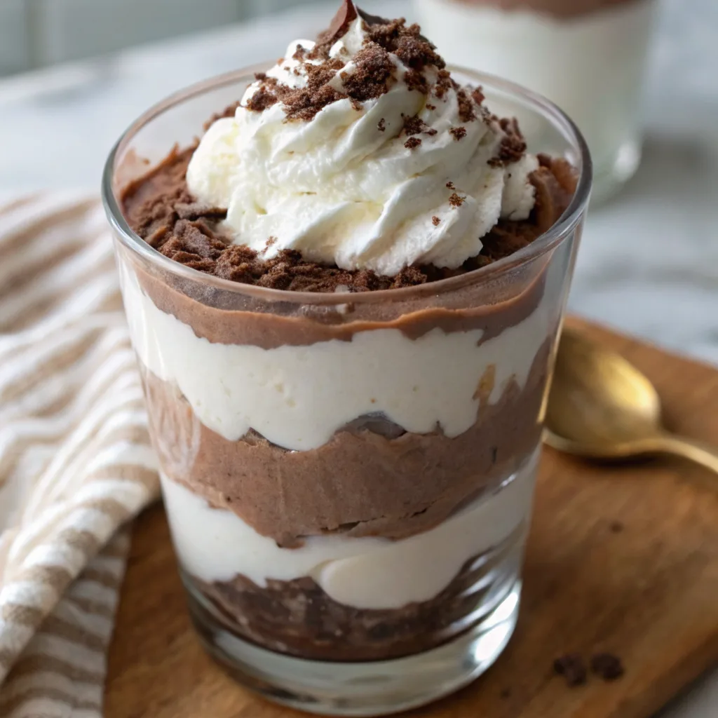 Cottage cheese chocolate mousse in glass layered with whipped cream