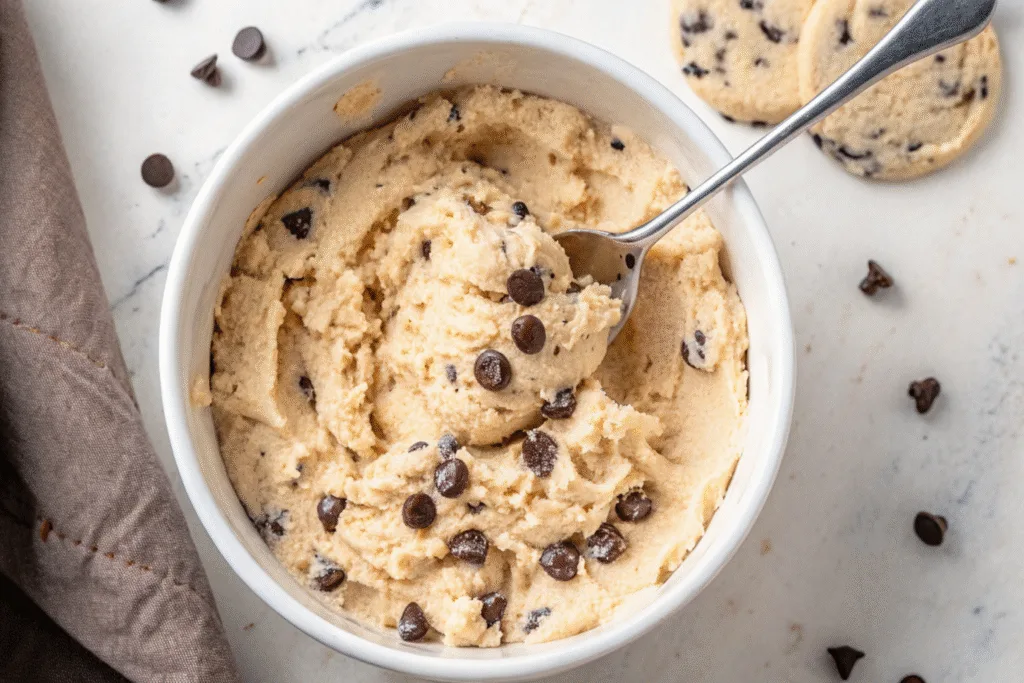 Cottage cheese cookie dough with chocolate chips in white bowl