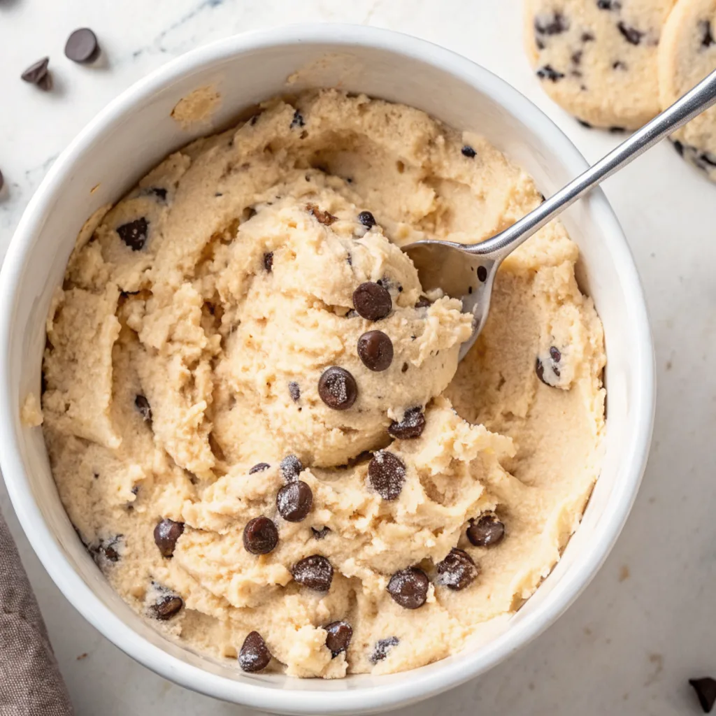Bowl of cookie dough with chocolate chips and spoon