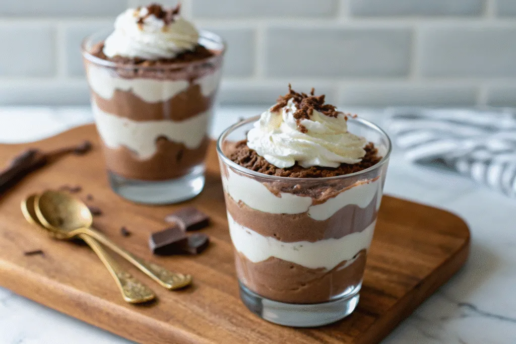 Two glasses of cottage cheese chocolate mousse on wooden board