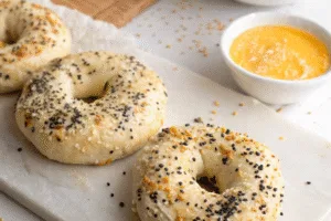 High protein bagels topped with seasoning and egg wash