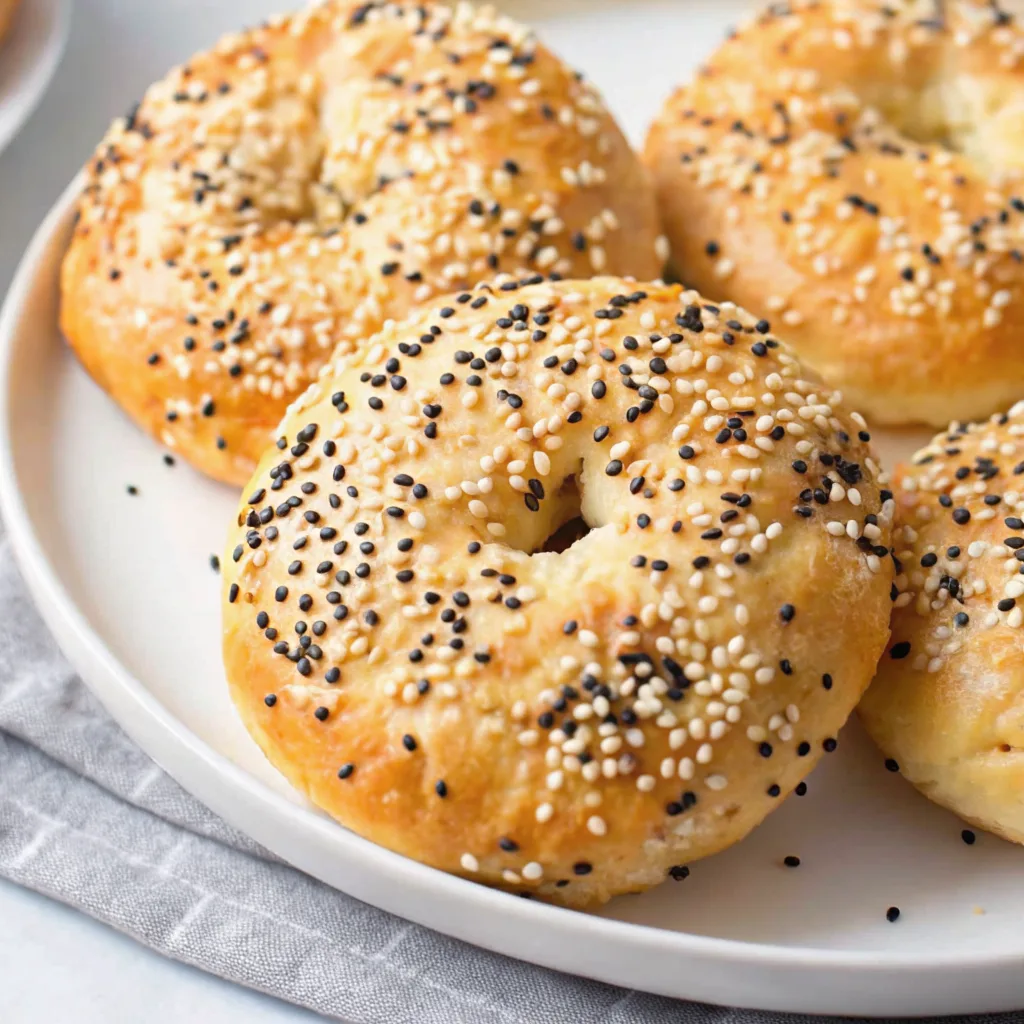 Freshly baked high protein bagels on white plate with sesame topping