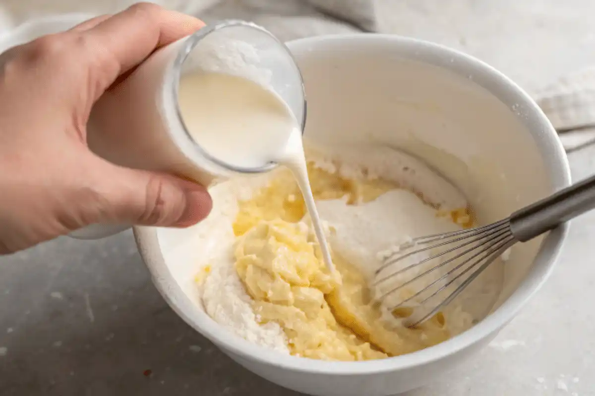 Pouring hot milk into cake batter in white mixing bowl