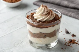 Served cottage cheese chocolate mousse in glass topped with cream