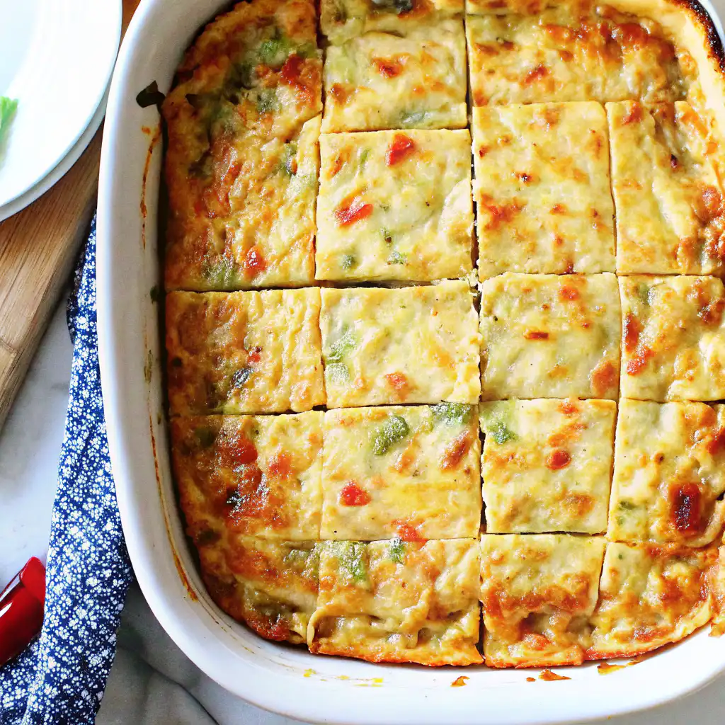 Fully baked cottage cheese egg casserole in baking dish