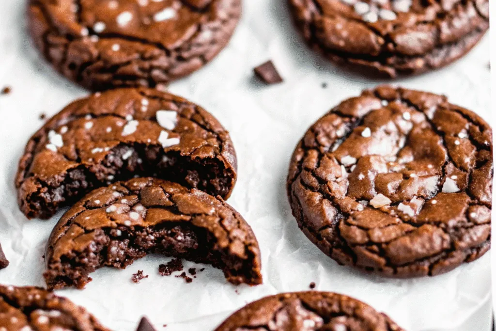 Fudgy brookies with crinkled tops and flaky salt on parchment paper