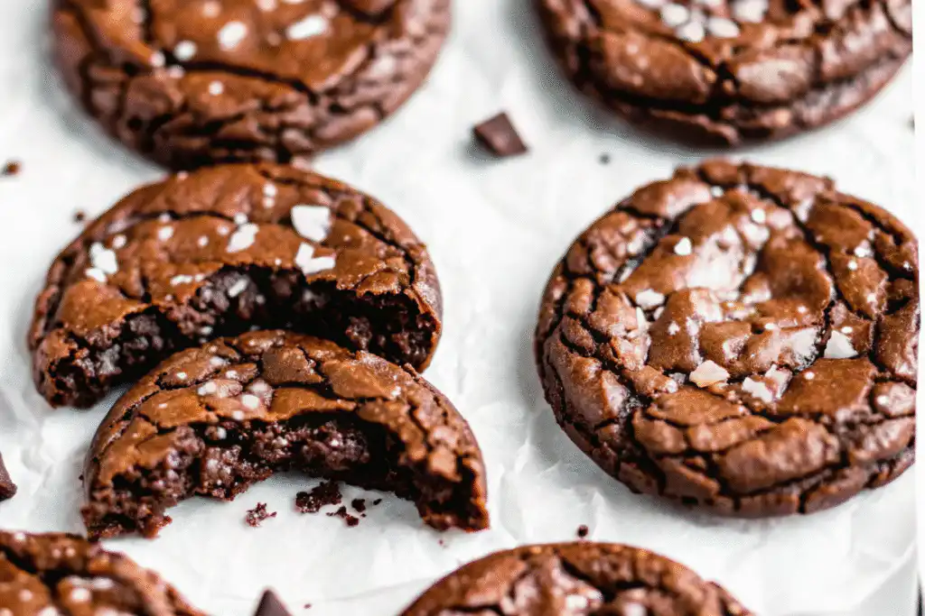 Fudgy brookies with crinkled tops and flaky salt on parchment paper