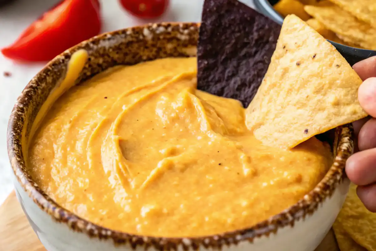 Melted cottage cheese queso dip with tortilla chip and garnish