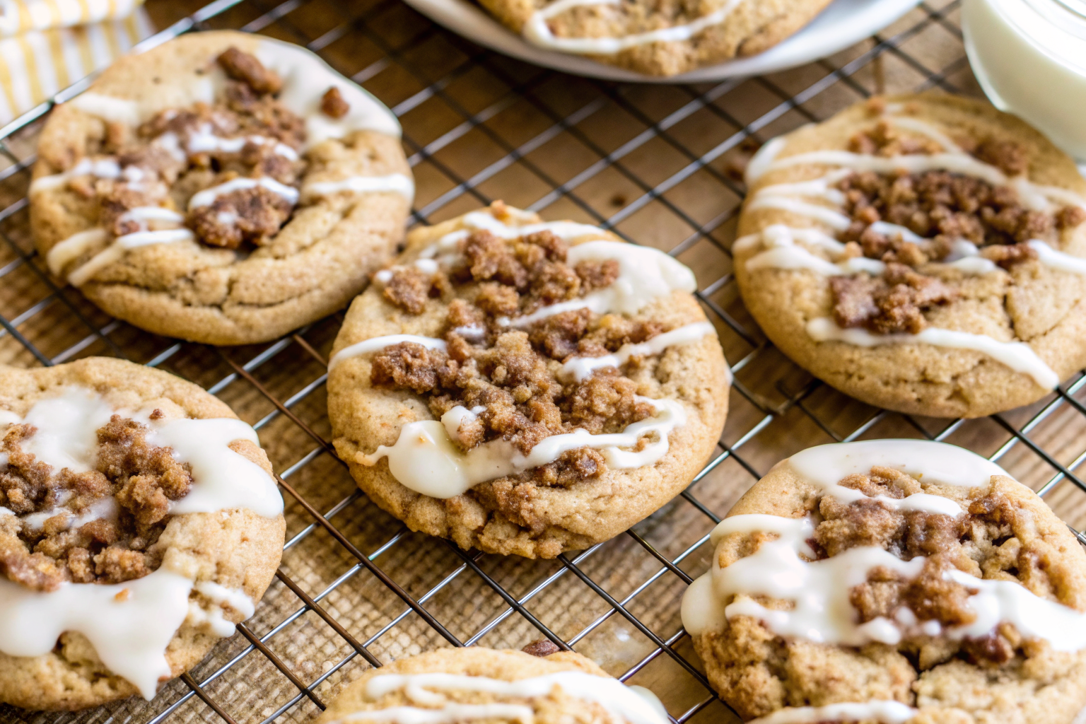 Coffee cake cookies with streusel and icing on cooling rack