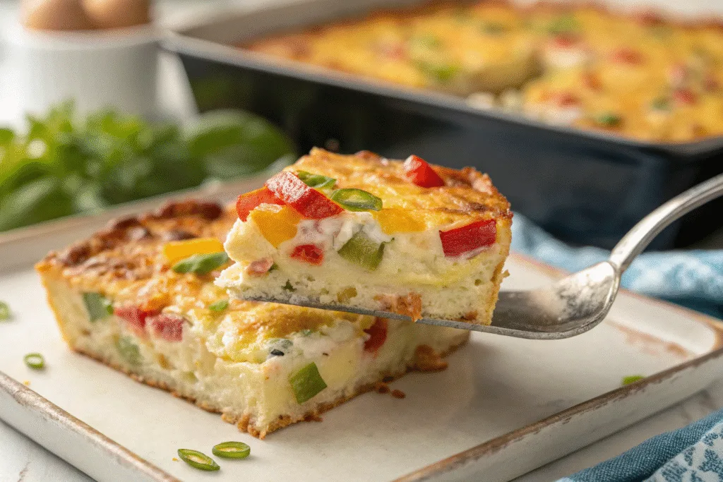 Golden and fluffy cottage cheese egg bake sliced in casserole dish