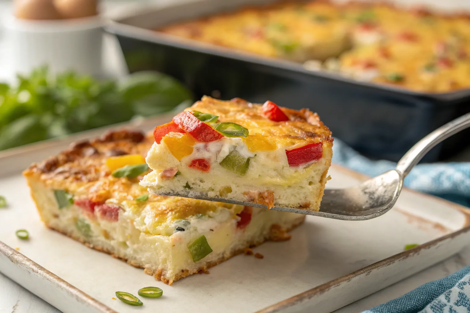 Golden and fluffy cottage cheese egg bake sliced in casserole dish