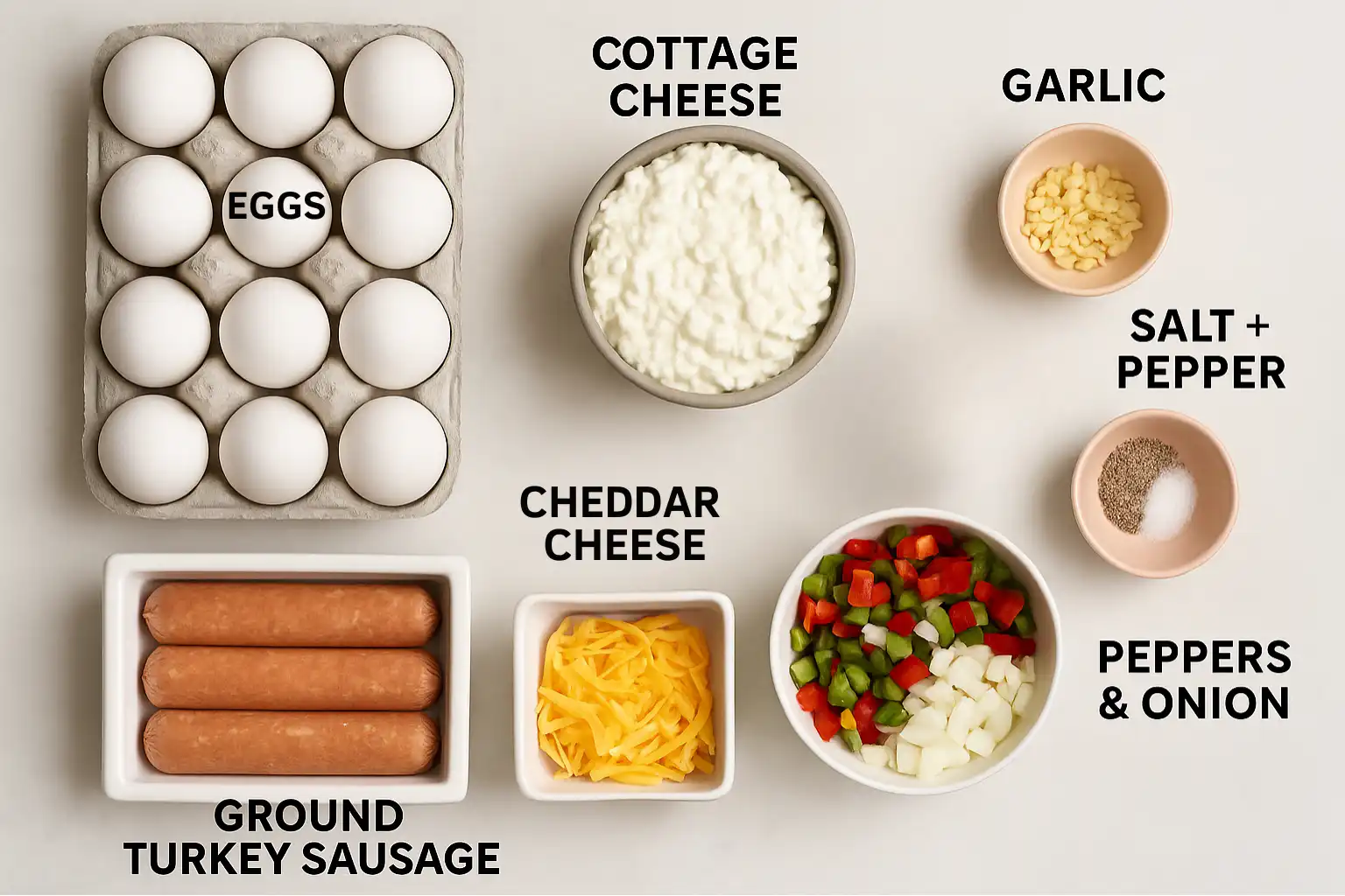 Ingredients for cottage cheese egg bake including eggs, cheese, sausage and peppers