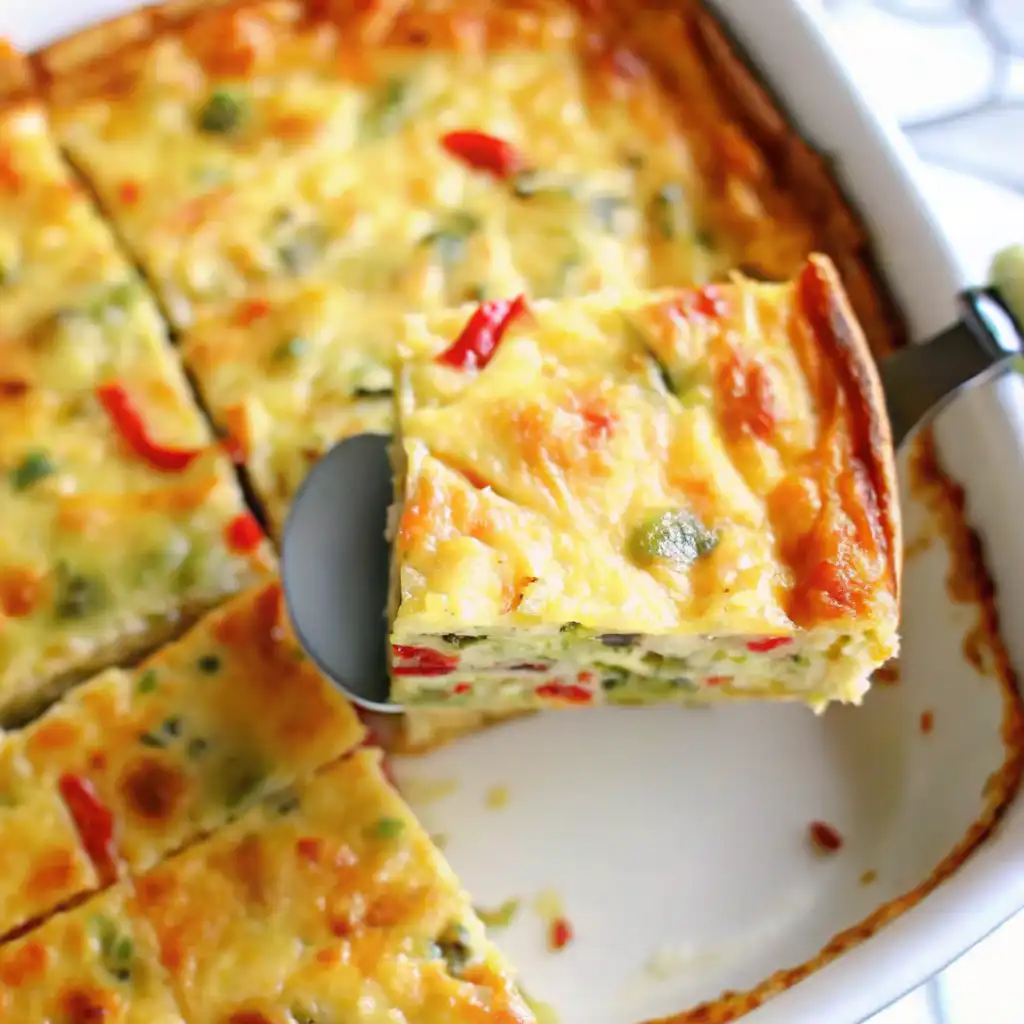 Close-up of cheesy cottage cheese egg bake with veggies