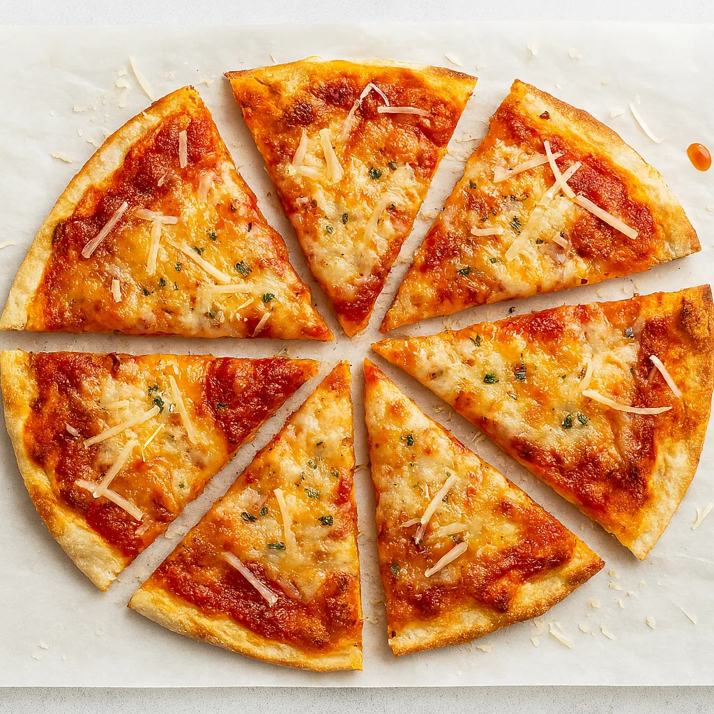 Full cottage cheese pizza sliced into triangles