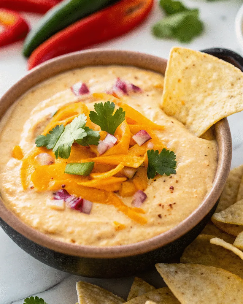 Cottage cheese queso served in a brown bowl with cheddar and fresh toppings