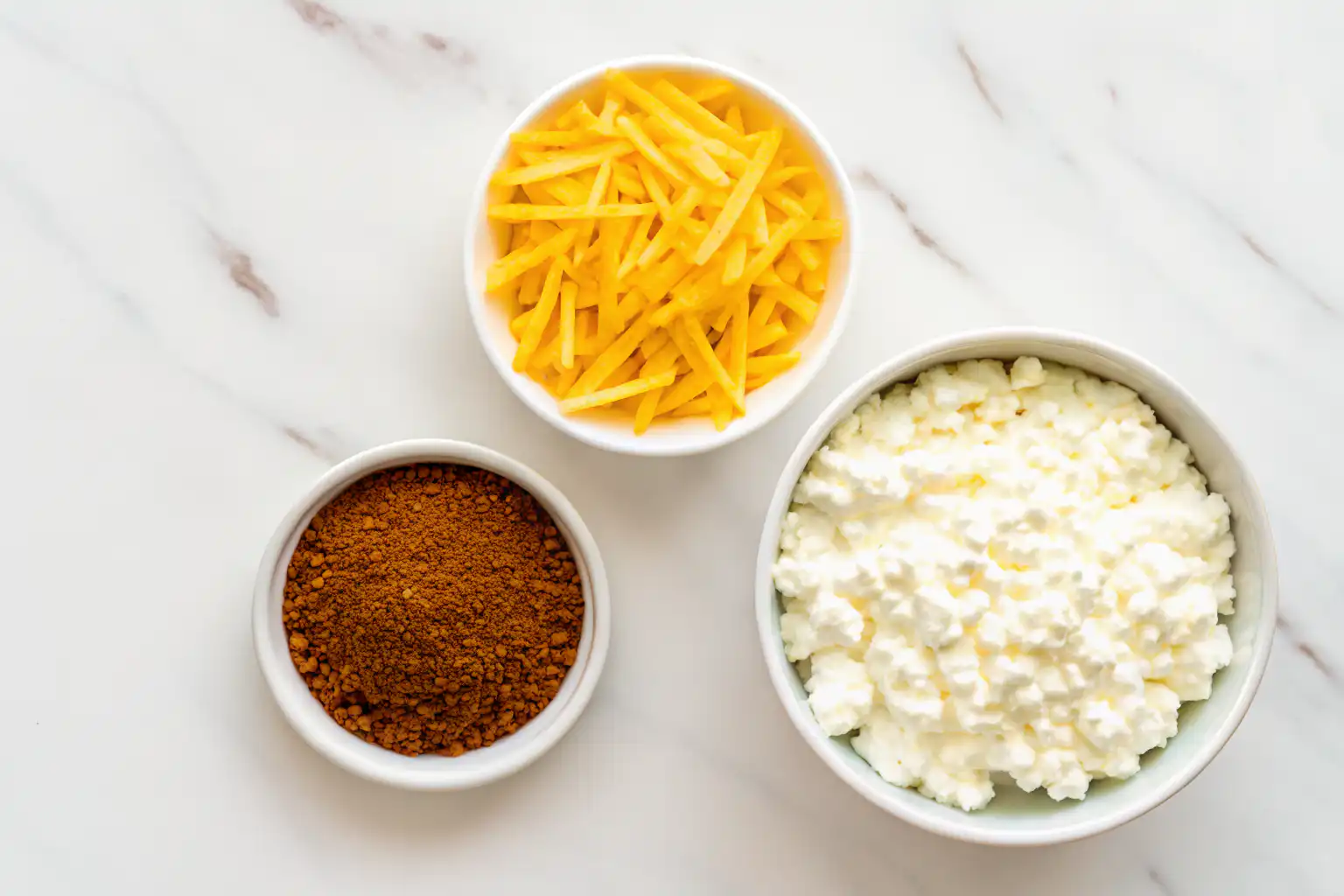 Cottage cheese, taco seasoning, and shredded cheddar in white bowls
