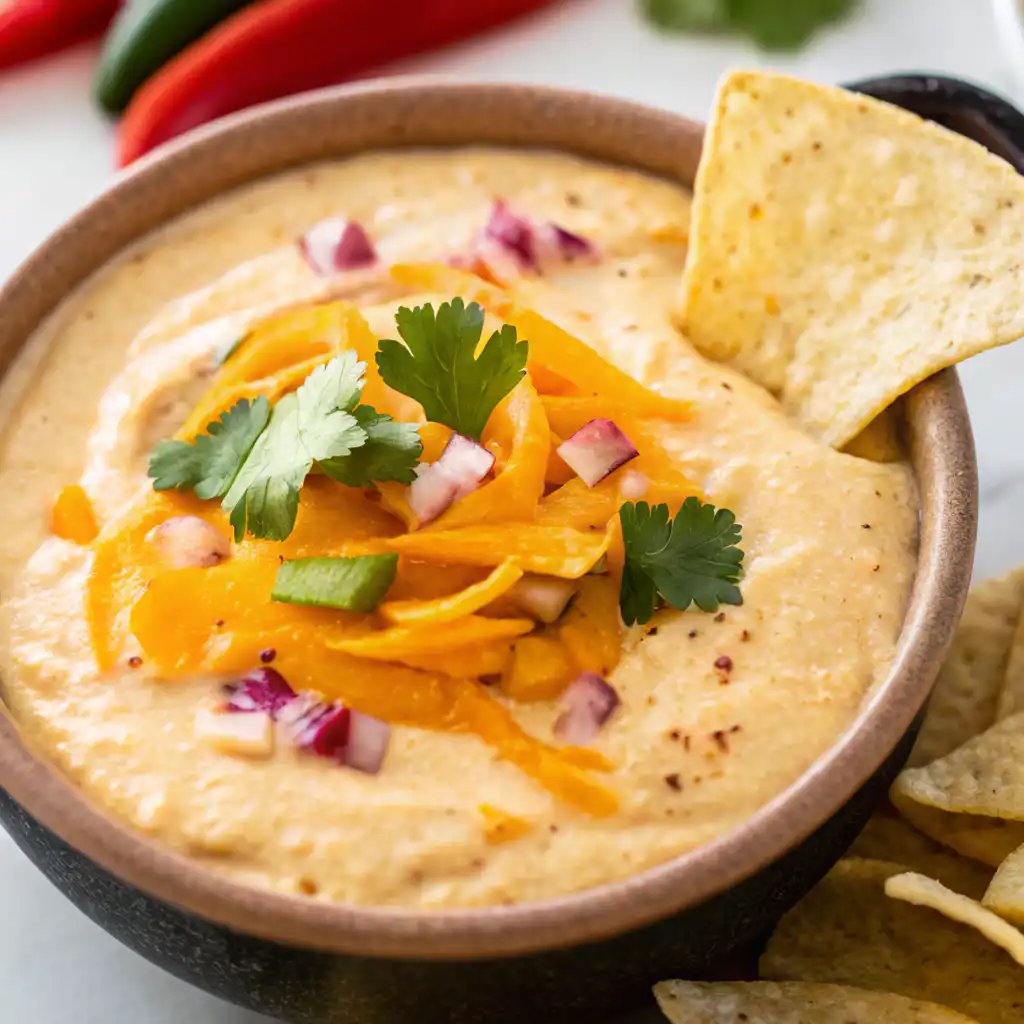 Cottage cheese queso ingredients in small bowls on white marble