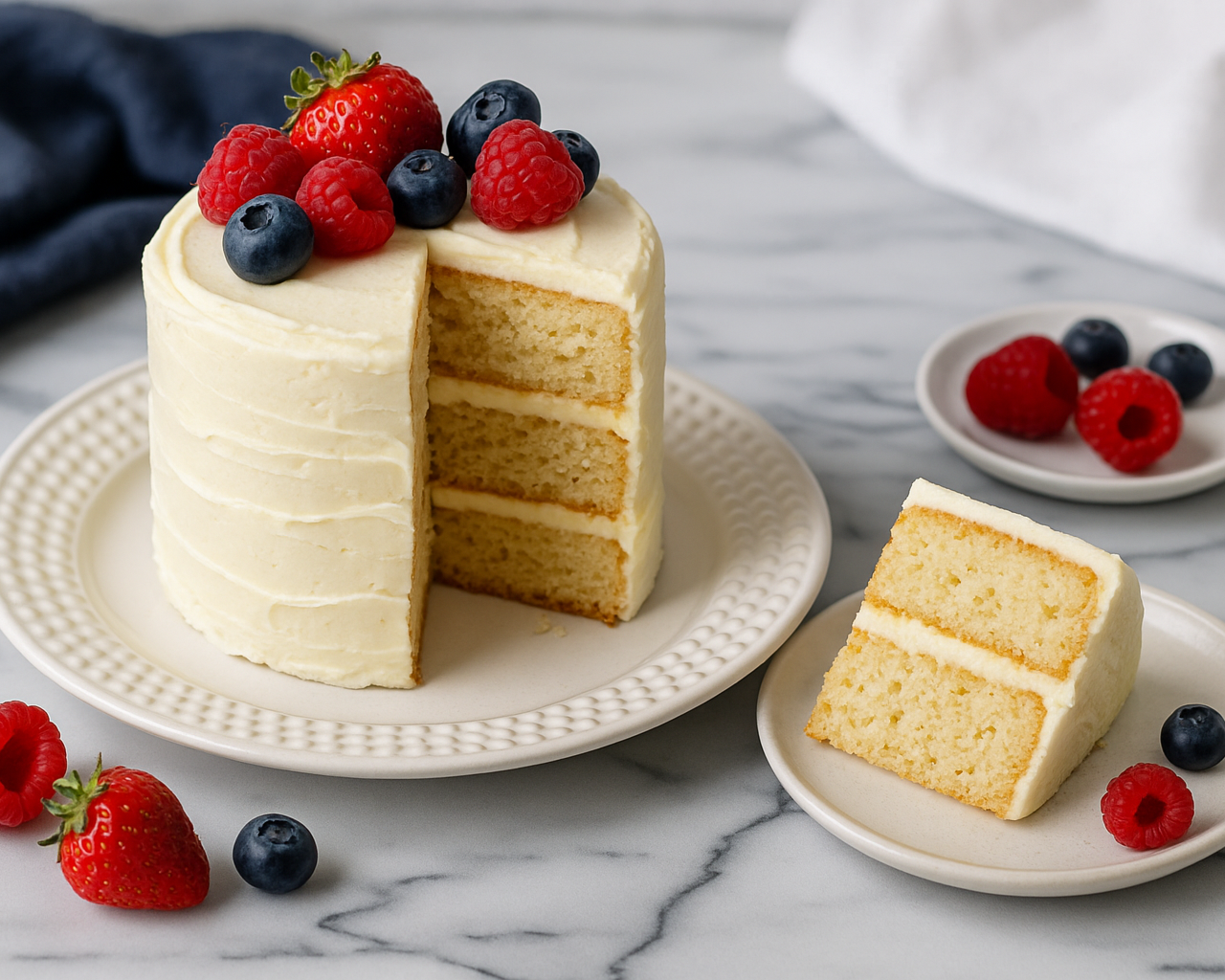 Decorated smash cake topped with strawberries and blueberries