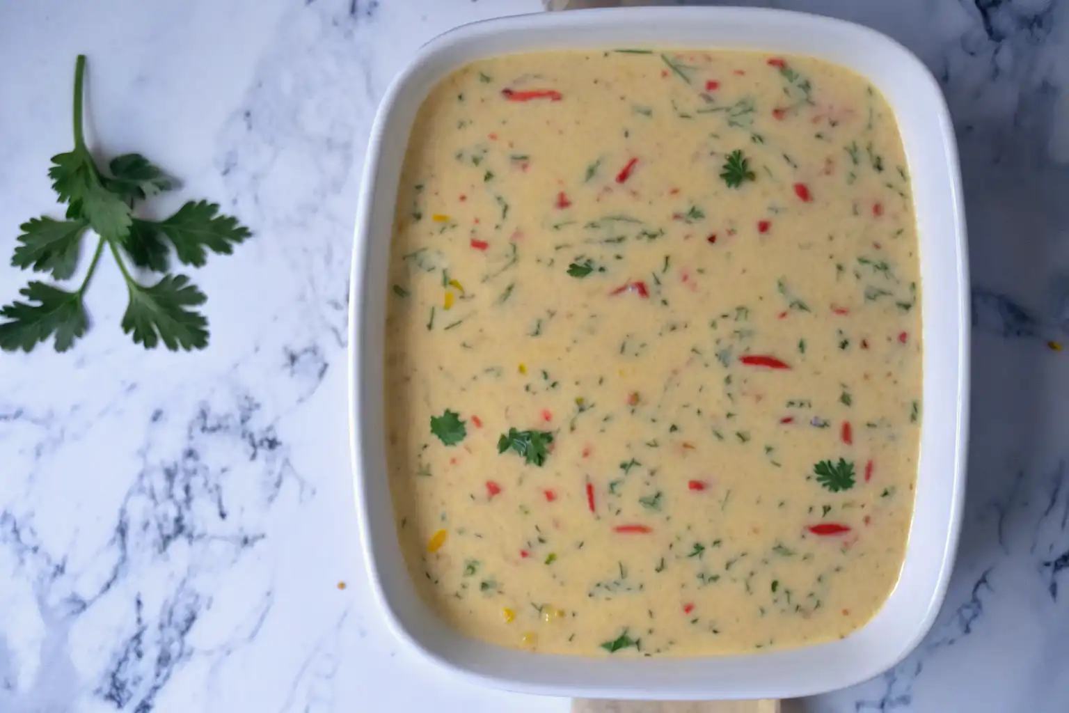 Cottage cheese egg mixture poured into baking dish