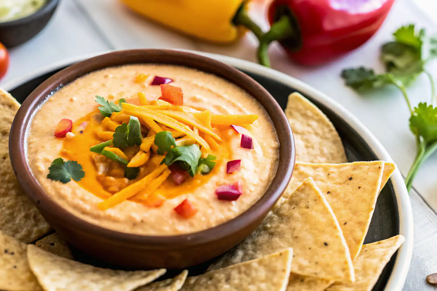 Cottage cheese queso with cheddar curls and fresh herbs
