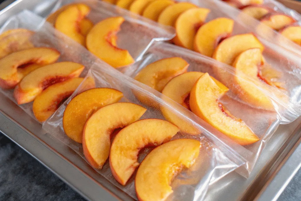 Frozen peach slices in freezer bags ready for recipes