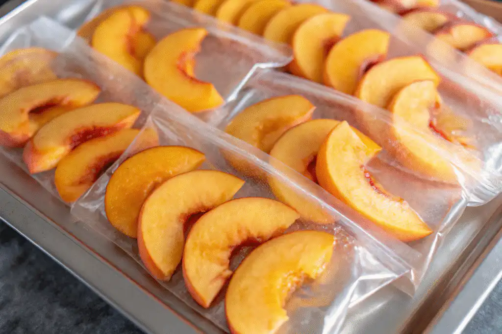 Frozen peach slices in freezer bags ready for recipes