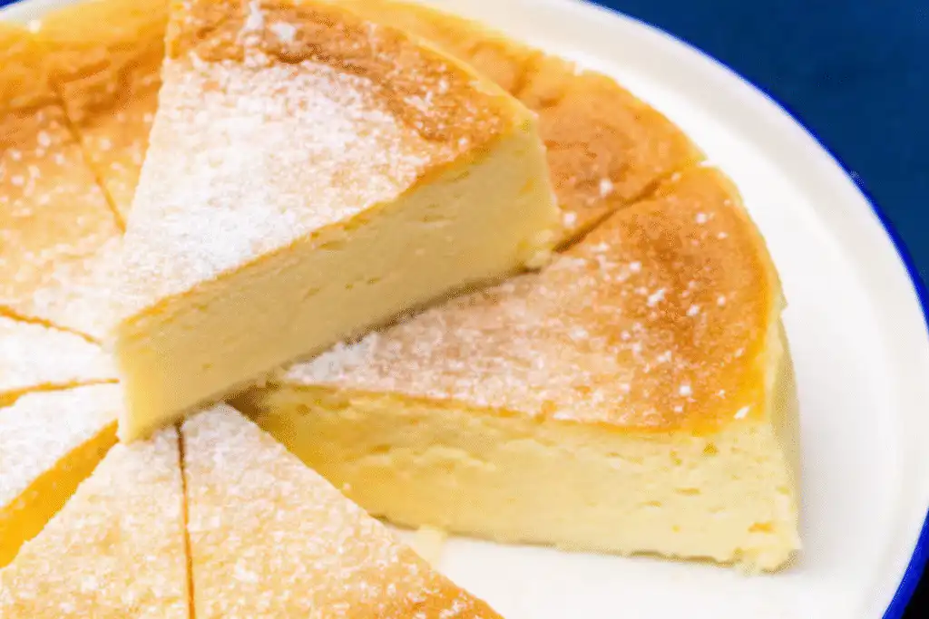 Fluffy baked cloud cake sliced on a white plate