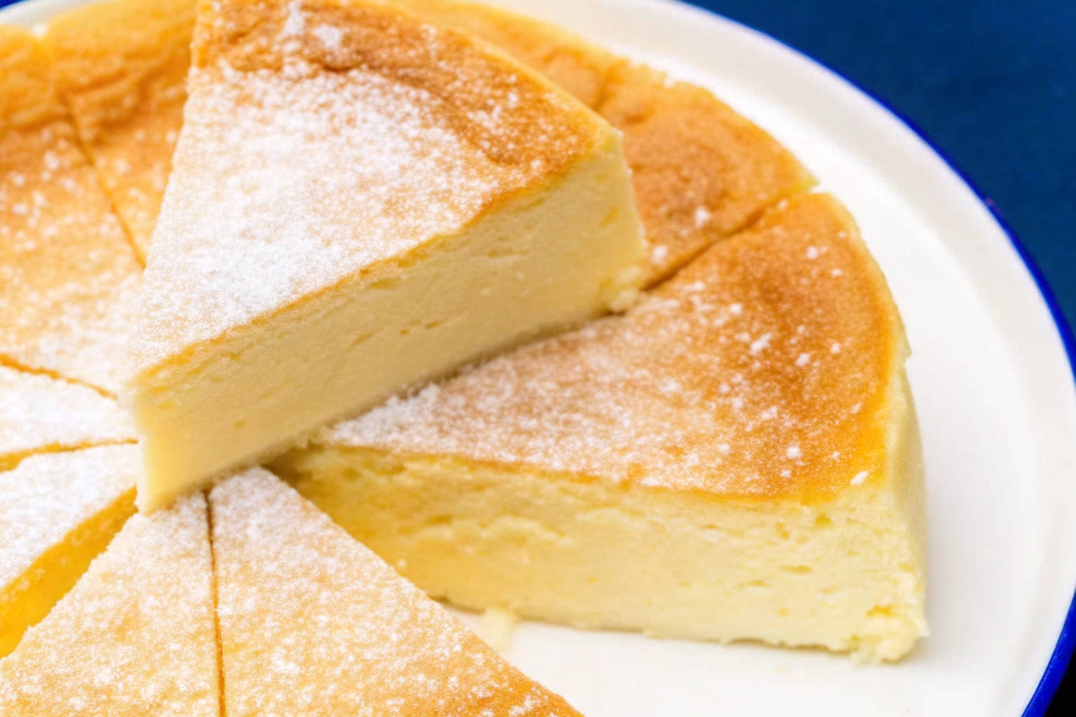Fluffy baked cloud cake sliced on a white plate