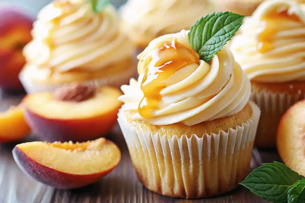 Honey peach cream cheese cupcakes with frosting and honey drizzle