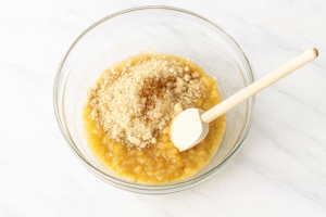 Banana and almond flour mixture in a glass bowl