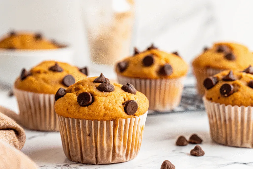 Freshly baked banana protein muffins with chocolate chips