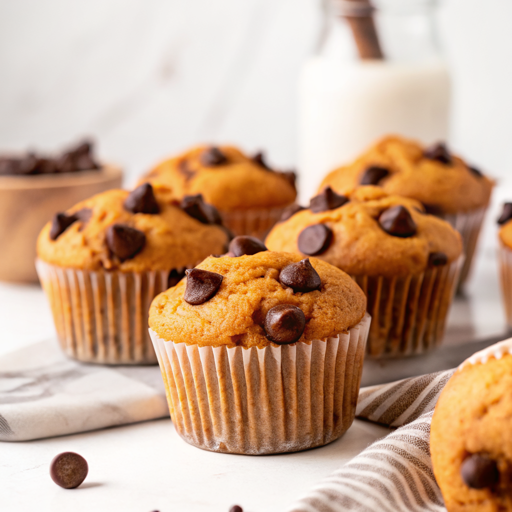 Chocolate chip protein muffins with milk and cozy setup