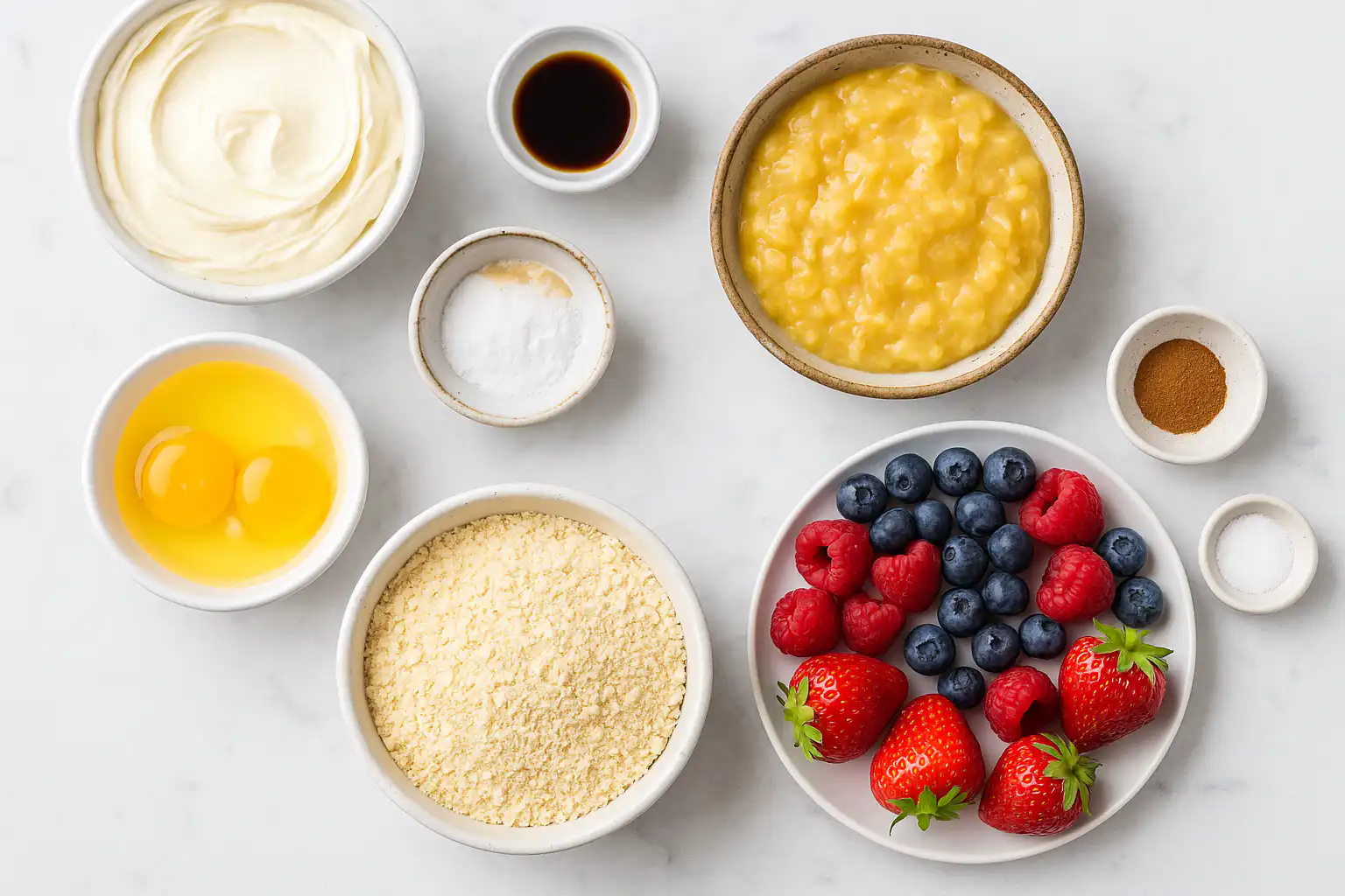 Flat lay of smash cake ingredients including almond flour and mashed banana