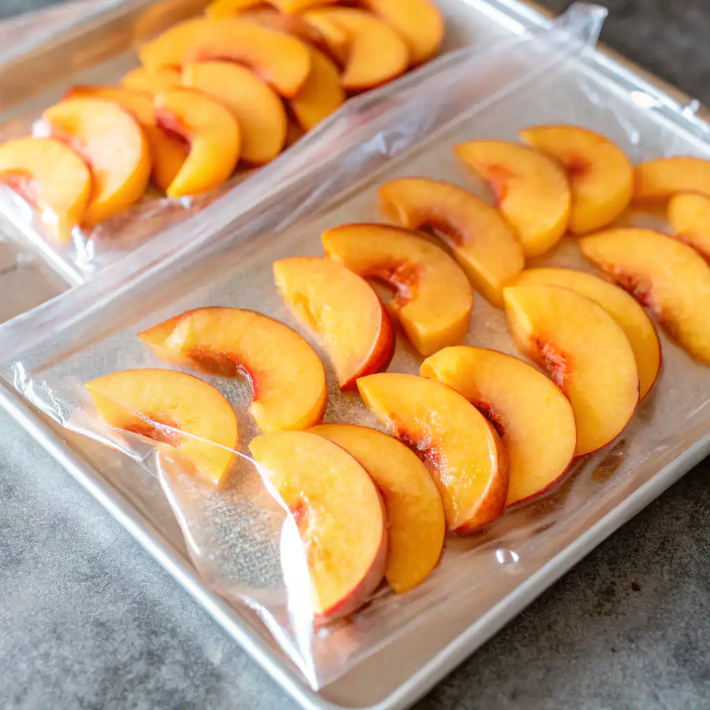 Frozen peach slices stored in freezer bags