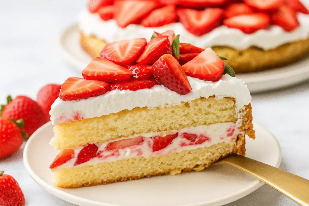 Slice of homemade strawberry shortcake with golden biscuit layers, fresh strawberries, and whipped cream on a white plate.