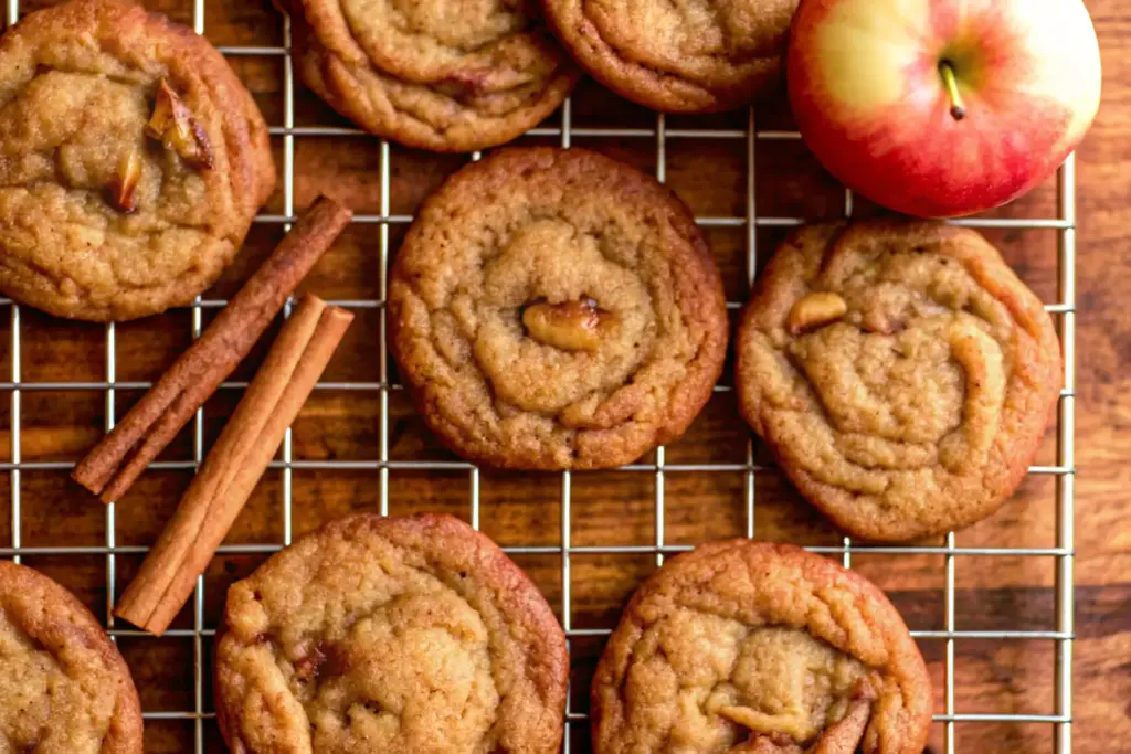 Chewy apple snickerdoodles with caramelized apples and brown butter cooling on a wire rack with cinnamon sticks and a fresh apple