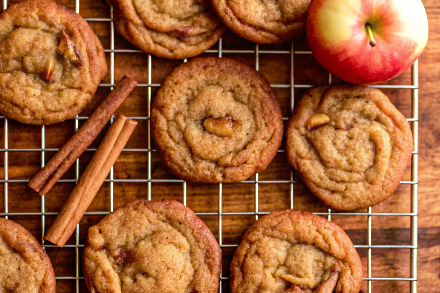 Chewy apple snickerdoodles with caramelized apples and brown butter cooling on a wire rack with cinnamon sticks and a fresh apple