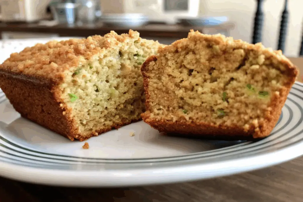 Moist bakery-style zucchini bread loaf with a golden-brown cinnamon streusel topping, sliced open to reveal a fluffy interior with flecks of green zucchini.