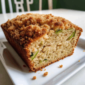 Bakery-Style Cinnamon Streusel Zucchini Bread – Cozy & Irresistible! cinnamon streusel zucchini bread Bakery-style zucchini bread loaf with a crunchy cinnamon streusel topping, sliced to show moist crumb with fresh zucchini flecks on a white plate.