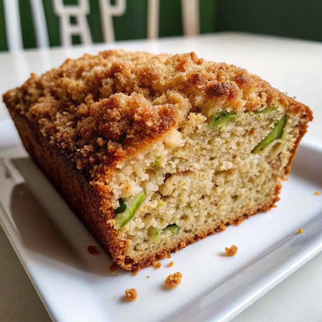 Bakery-style zucchini bread loaf with a crunchy cinnamon streusel topping, sliced to show moist crumb with fresh zucchini flecks on a white plate.