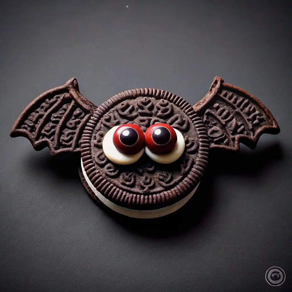 bat-oreos-halloween-cookie-treat Halloween bat Oreo cookie decorated with candy eyes and Oreo wings, displayed on a dark background.
