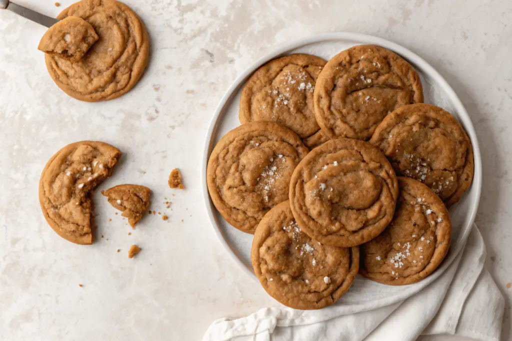 Close-up of soft and chewy chocolate chipless cookies on a white plate, topped with flaky sea salt.