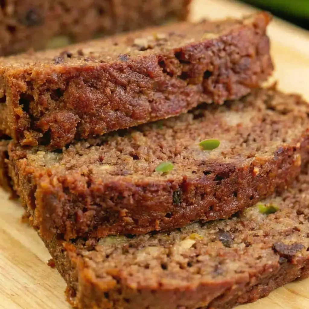 best-zucchini-bread-recipe-moist-easy Close-up slices of moist homemade zucchini bread with golden crust and flecks of green zucchini, showing tender crumb texture.